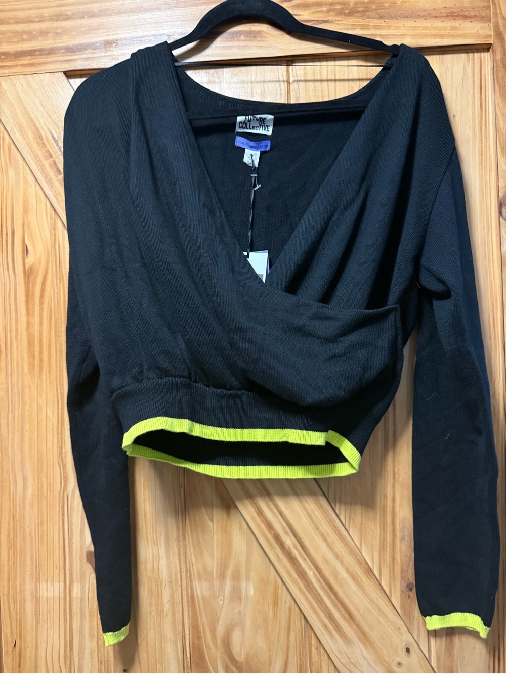 Cropped Wrap V-Neck Long Sleeve Sweatshirt in Black with Neon Yellow Trim